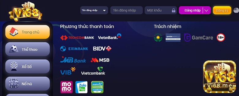 Cổng thanh toán tại Vi68 hiện đại với nhiều lớp bảo mật