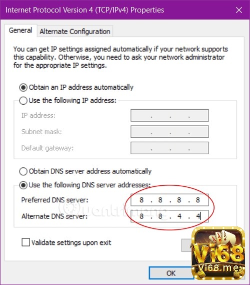 Thay đổi DNS: 8.8.8.8